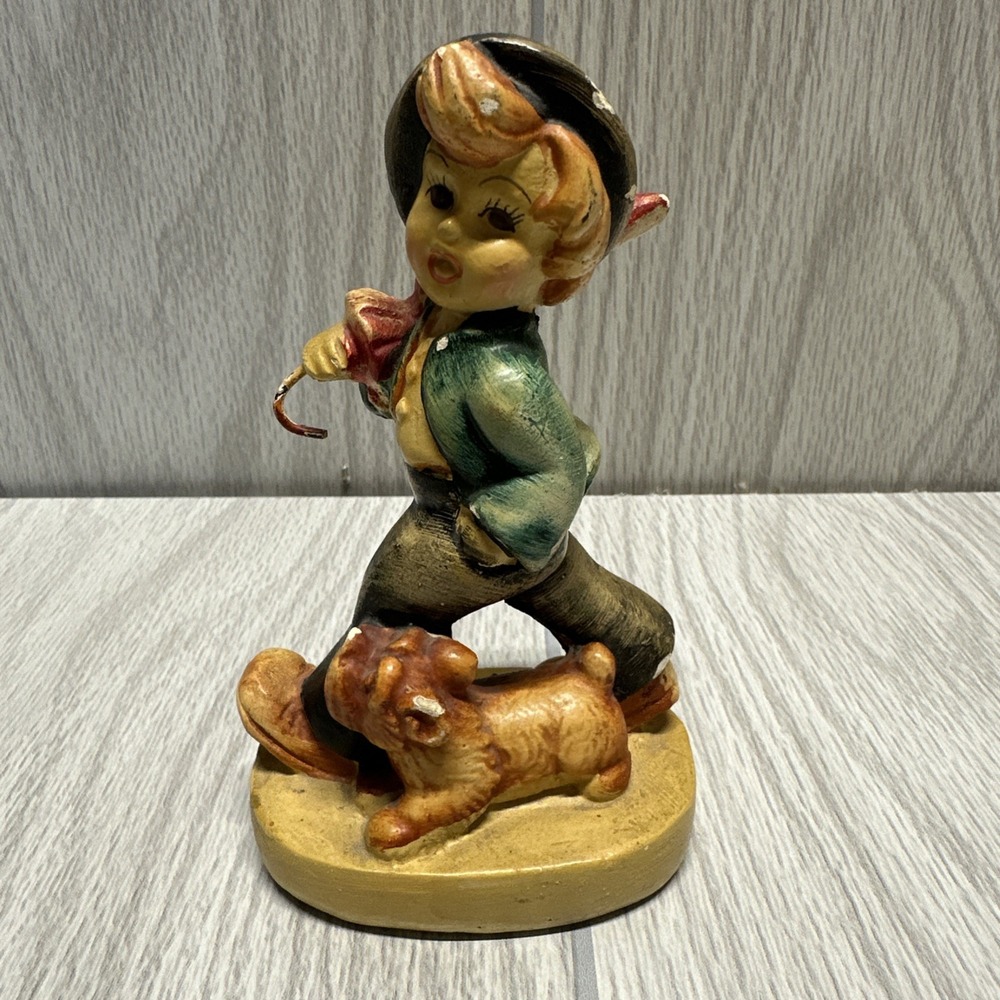 Vintage Boy Walking Dog Umbrella Figurine Ceramic Collectible Cottagecore Granny